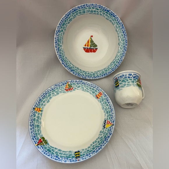 Child Sailboat Lighthouse Dinnerware Set Plate Bowl Mug Blue Nautical Mosaic Rim - Picture 12 of 14